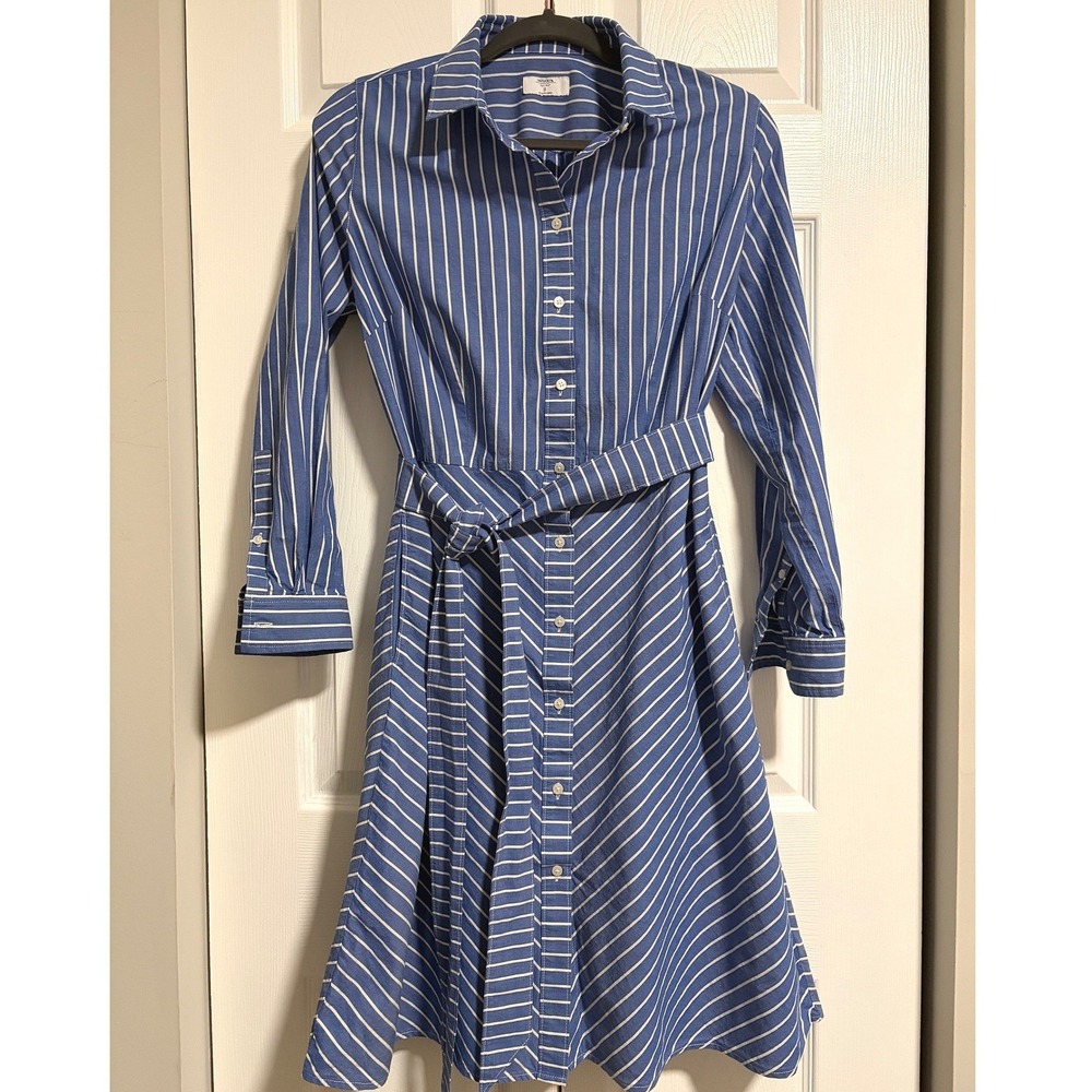 UNTUCKit For Her Blue White Striped Button Front Belted Shirt Dress Womens 8